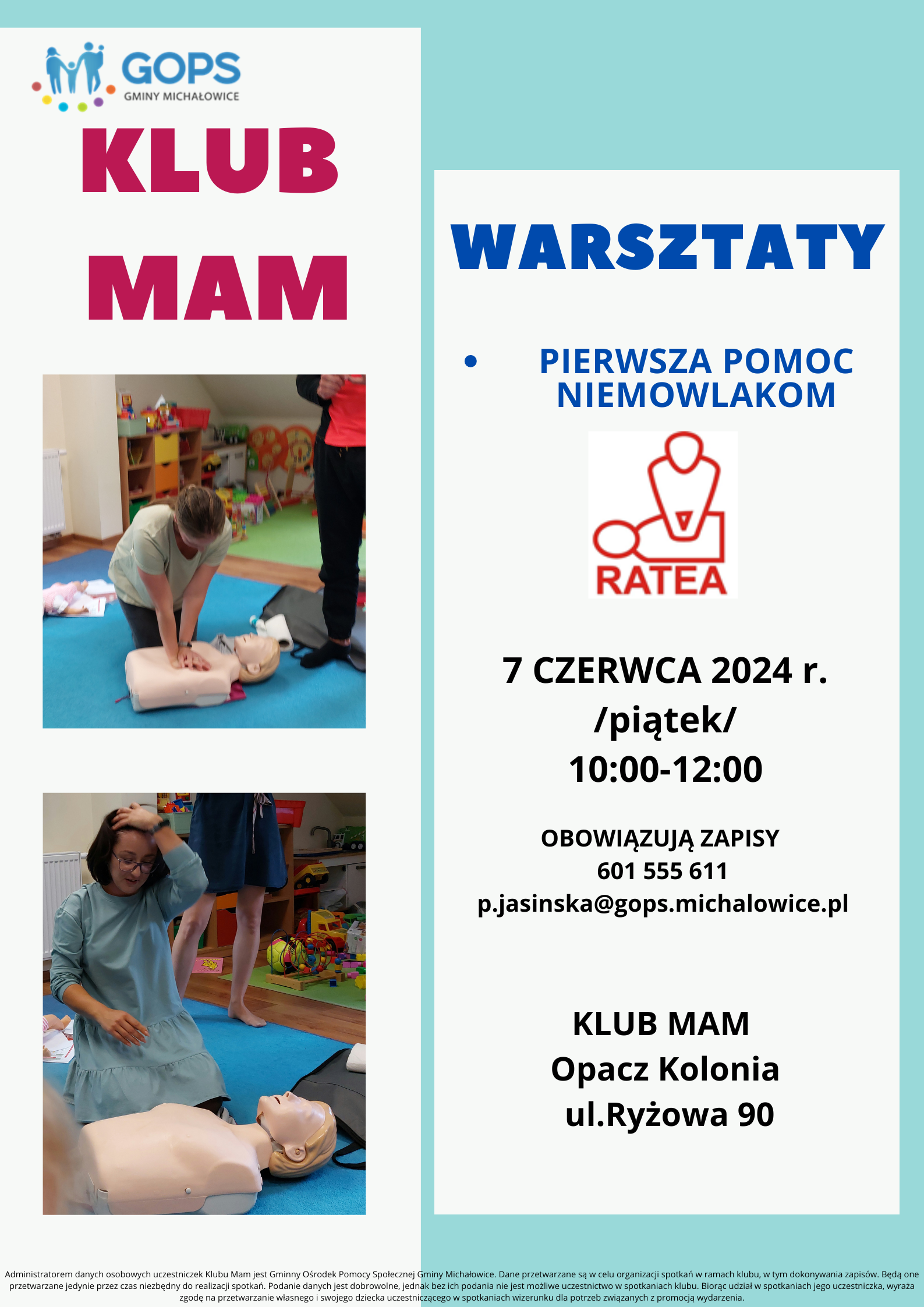 Warsztaty Pierwsza Pomoc Niemowlakom, 07.06.2024, godzina 10-12, w&nbsp;Klubie MAm, adres: ul. Ryżowa 90, Opacz Kolonia, zapisy pod nr tel 601 555 611