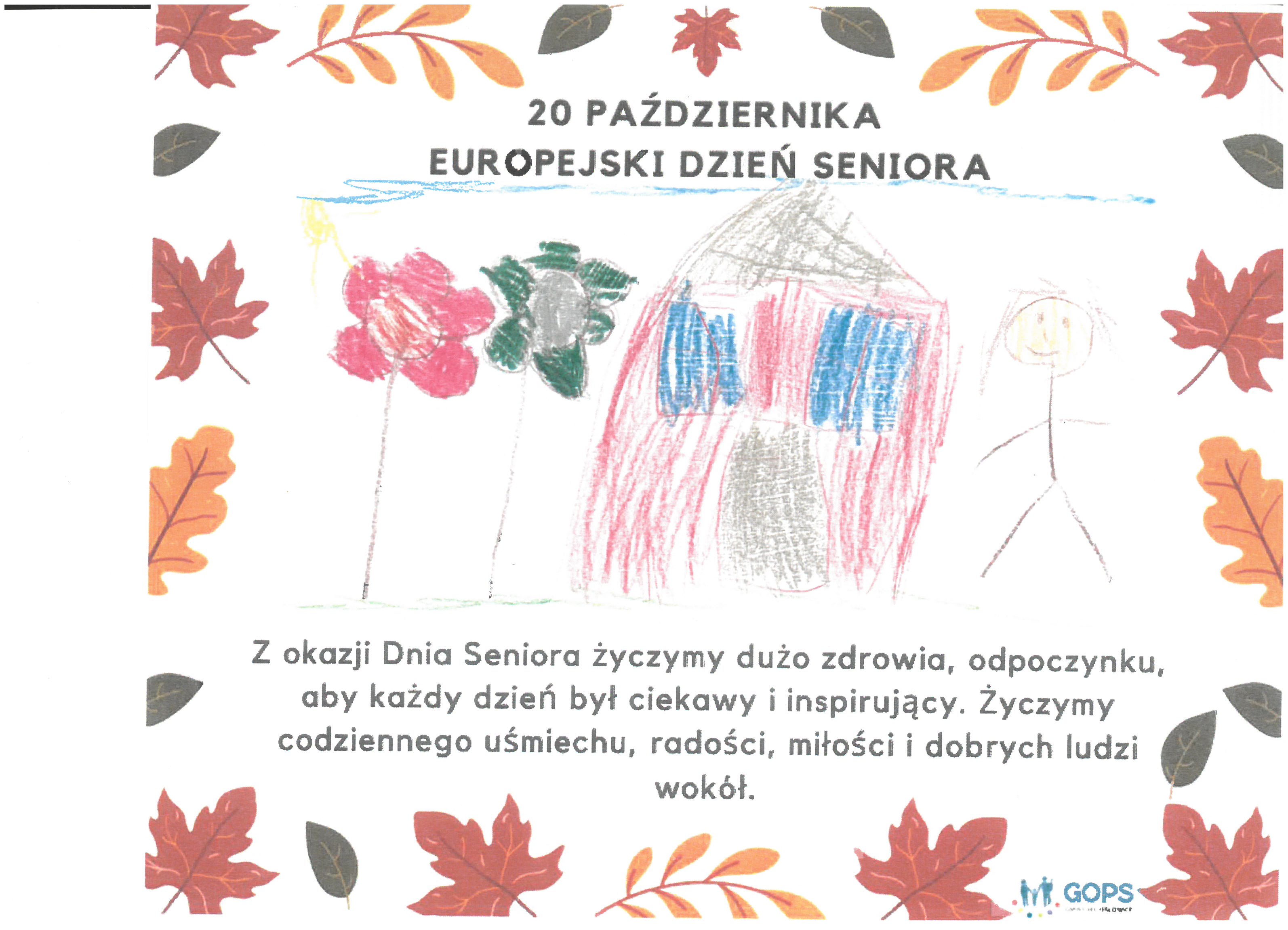 Kartka z&nbsp;życzeniami, rysunek dziecka człowiek, dwa kwiatki i&nbsp;domek