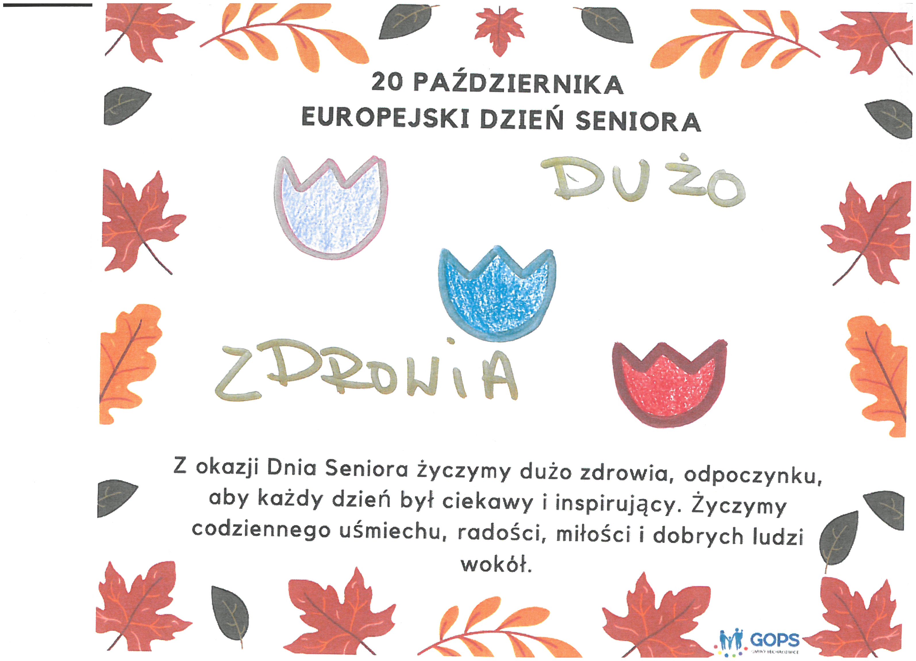 Kartka z&nbsp;życzeniami, rysunek dziecka trzy kwiatki