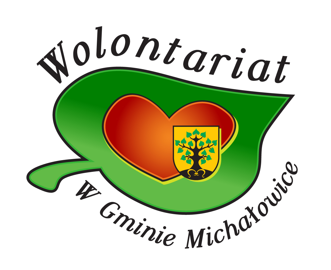 Obrazek przedstawia logo wolontariatu Zielony liść, w&nbsp;środku serce i&nbsp;herb Gminy Michałowice lipę na żółtym tle.