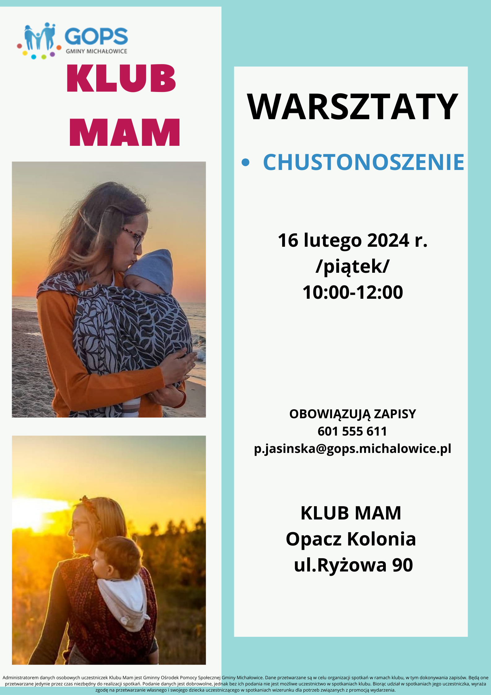 Zapraszamy! 16.02.2024 Warsztaty z&nbsp;chustonoszenia - z&nbsp;Pauliną Baranowską, doradcą noszenia CLAUWI w&nbsp;KLUBIE MAM!