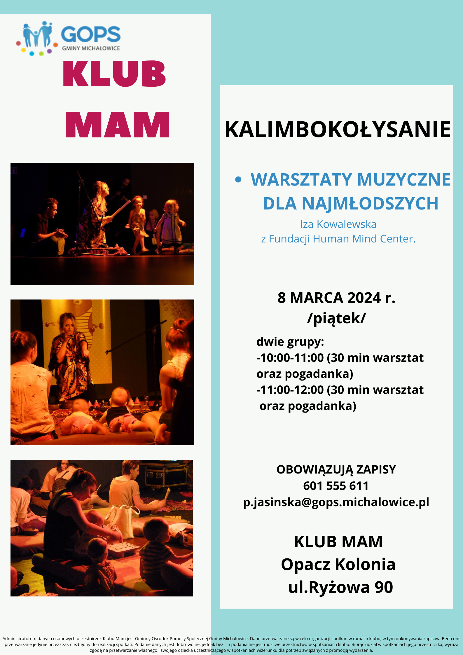 8 MARCA 2024 r. /piątek/ dwie grupy: -10:00-11:00 (30 min warsztat oraz&nbsp;pogadanka) -11:00-12:00 (30 min warsztat oraz&nbsp;pogadanka) OBOWIĄZUJĄ ZAPISY 601 555 611 p.jasinska@gops.michalowice.pl KLUB MAM Opacz Kolonia ul.Ryżowa 90
